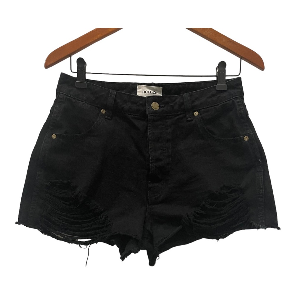 Rolla's Women's Jean Shorts‎ Sz 29 Black High Rise Cut Off Distressed Button Fly